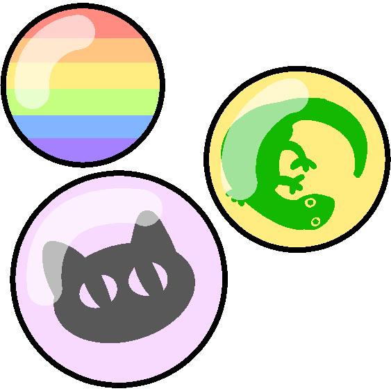 Three buttons, one rainbow, one yellow with a green lizard, and one pink with a gray cat face.